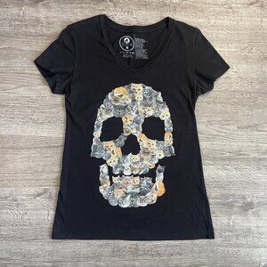 A. Lab Kitty Cat Feline Faces Skeleton Skull Halloween Black Slim Fit Tee Sz Med